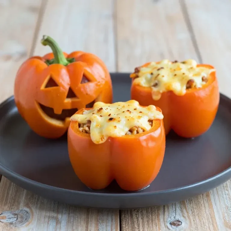 Orange bell peppers carved like jack-o'-lanterns, stuffed with a savory rice and meat mixture, placed on a wooden table.
