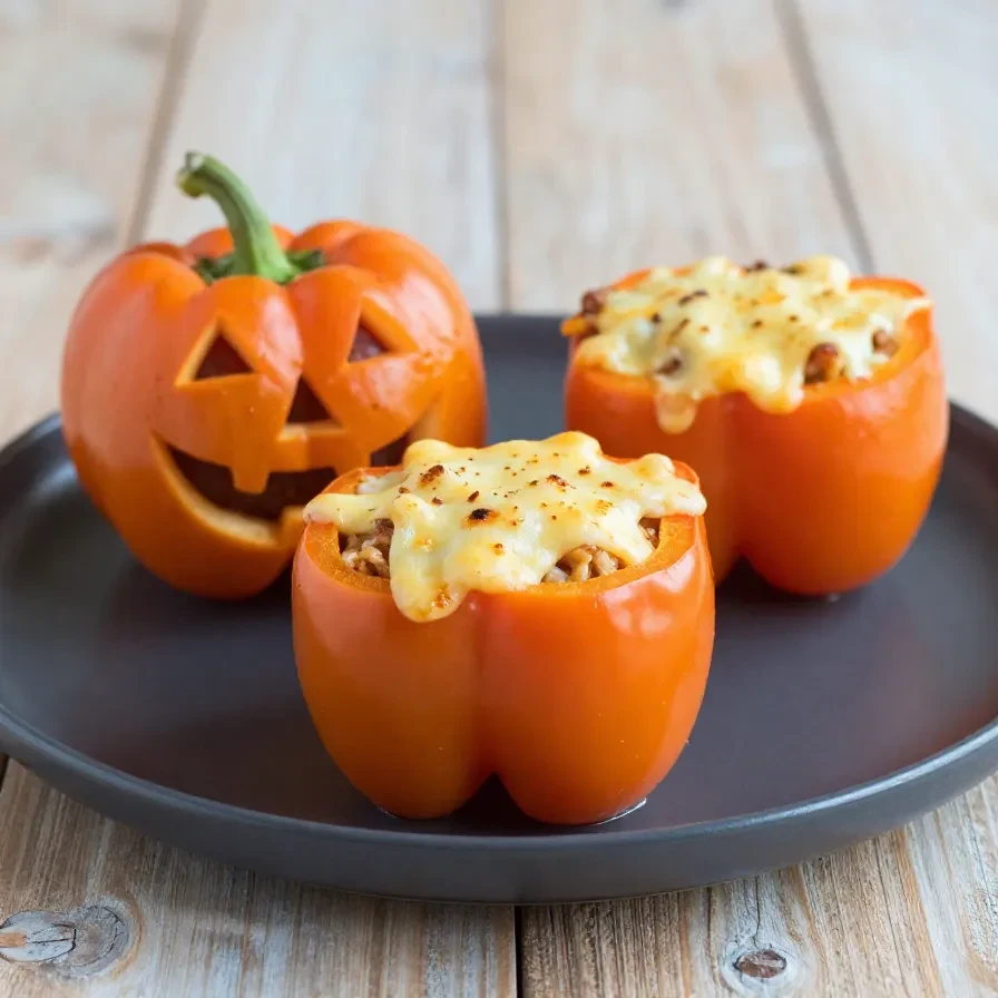 Orange bell peppers carved like jack-o'-lanterns, stuffed with a savory rice and meat mixture, placed on a wooden table.