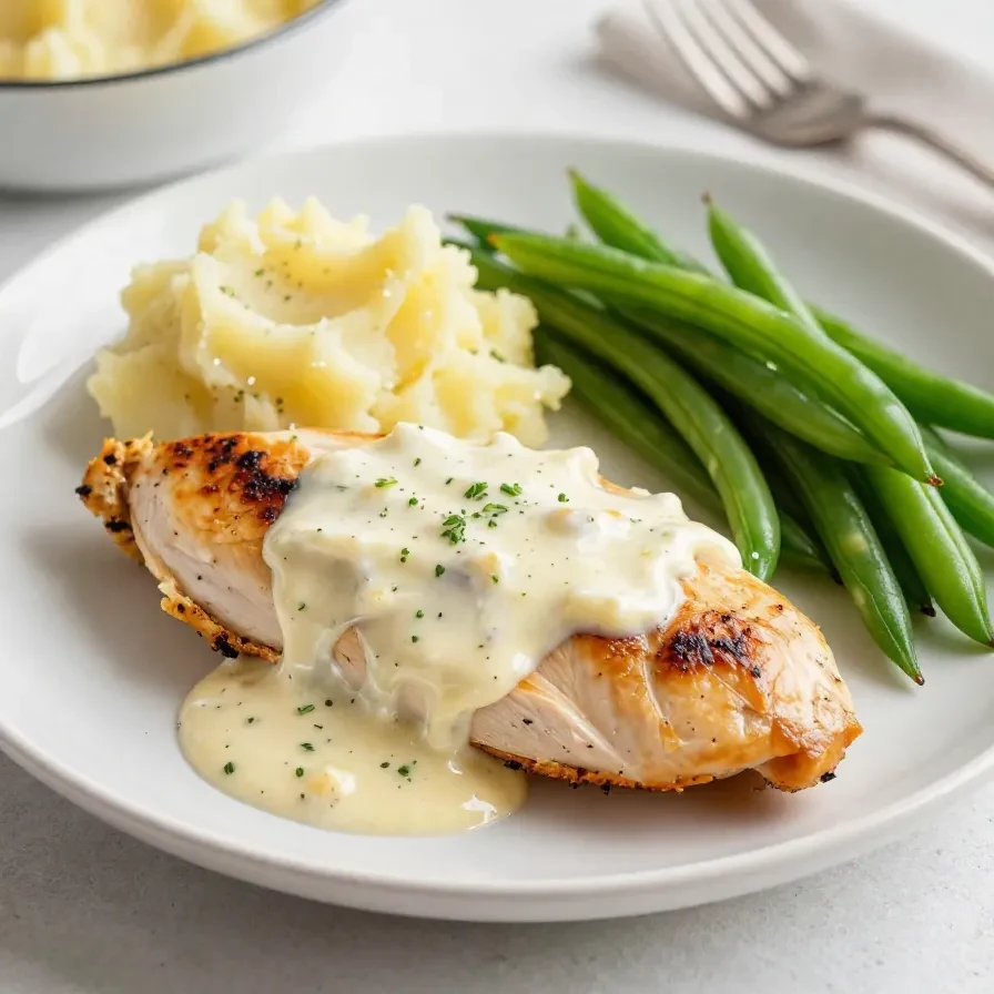 A plate of creamy garlic chicken garnished with fresh parsley served with a side of steamed vegetables.