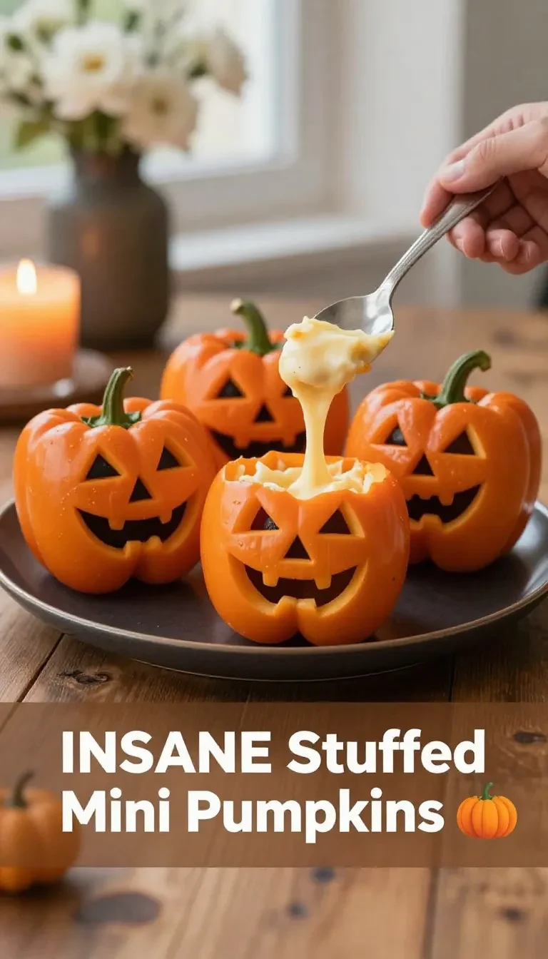 Orange bell peppers carved like jack-o'-lanterns, stuffed with a savory rice and meat mixture, placed on a wooden table.