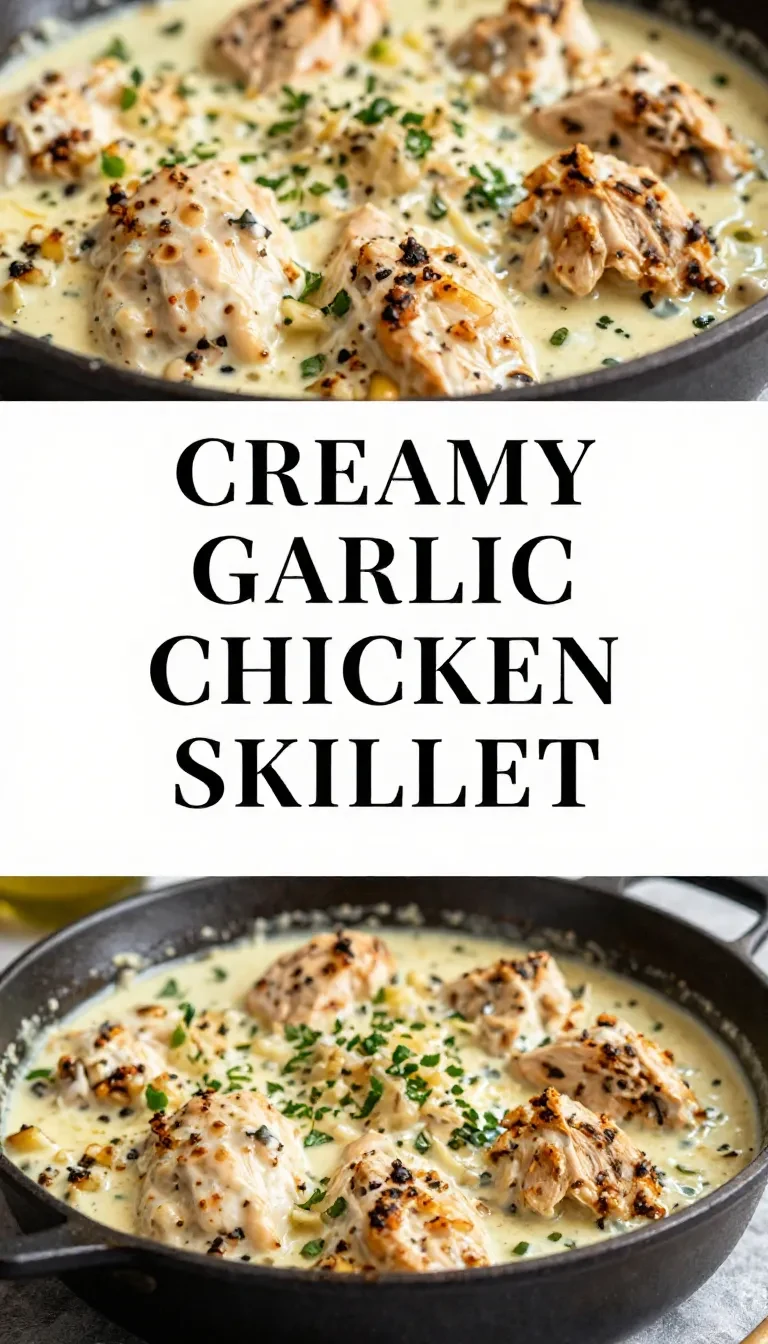 A plate of creamy garlic chicken garnished with fresh parsley served with a side of steamed vegetables.