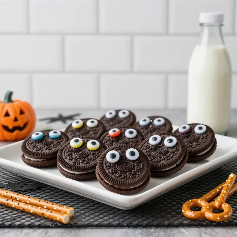 A plate of spooky Oreo cookies decorated with white frosting and googly candy eyes.