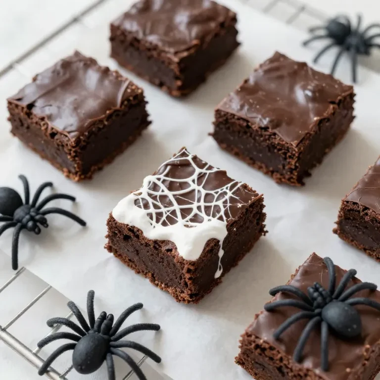 Freshly baked Halloween-themed brownies decorated with spooky designs.