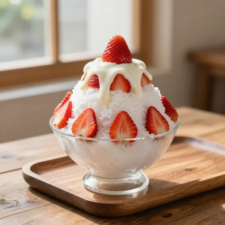 Ingredients for Korean shaved ice dessert, including shaved ice, red beans, fruit, condensed milk, and sweet toppings arranged on a table
