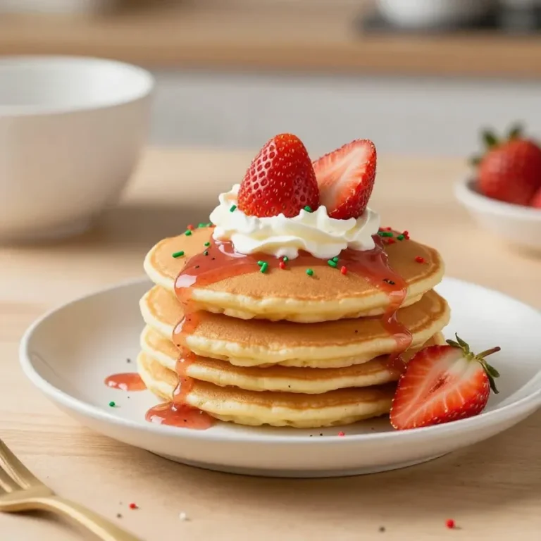 Festive Christmas snowman pancakes stacked on a plate with whipped cream, fruit, and holiday decorations.