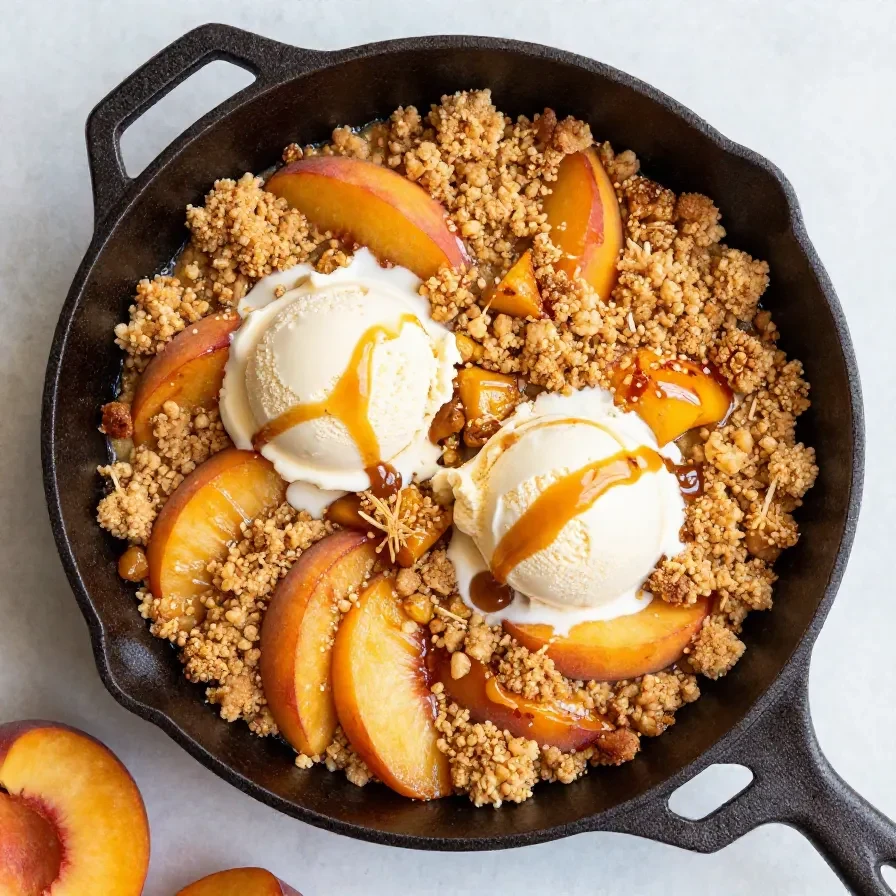 A golden peach crisp with bubbling peach filling and a crunchy oat topping served in a baking dish