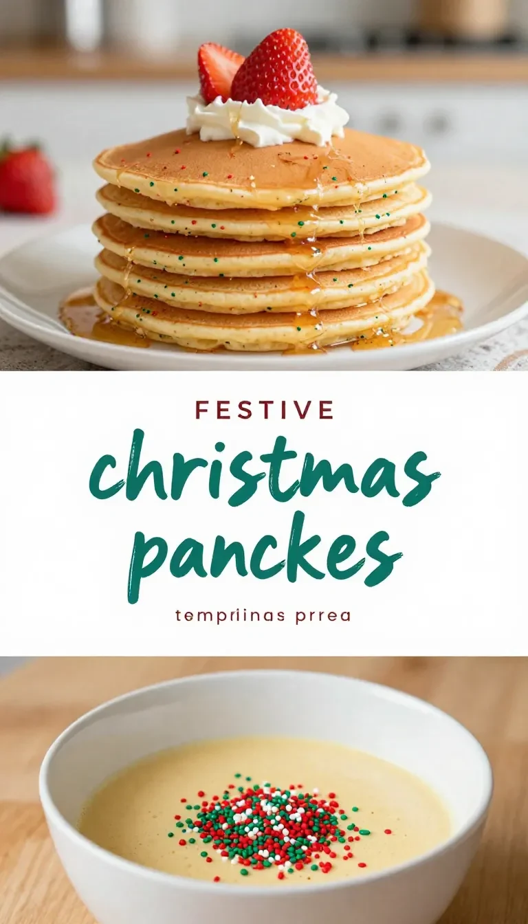 Festive Christmas snowman pancakes stacked on a plate with whipped cream, fruit, and holiday decorations.