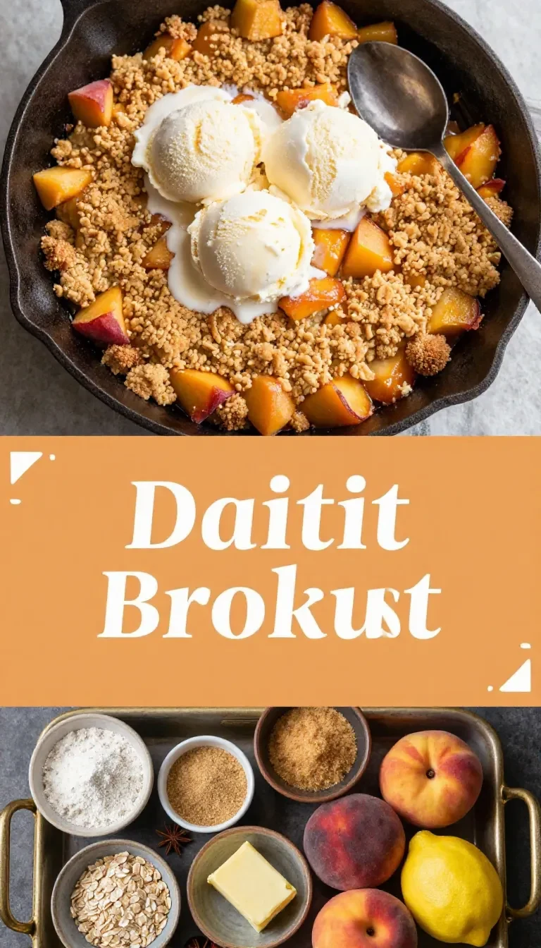 A golden peach crisp with bubbling peach filling and a crunchy oat topping served in a baking dish