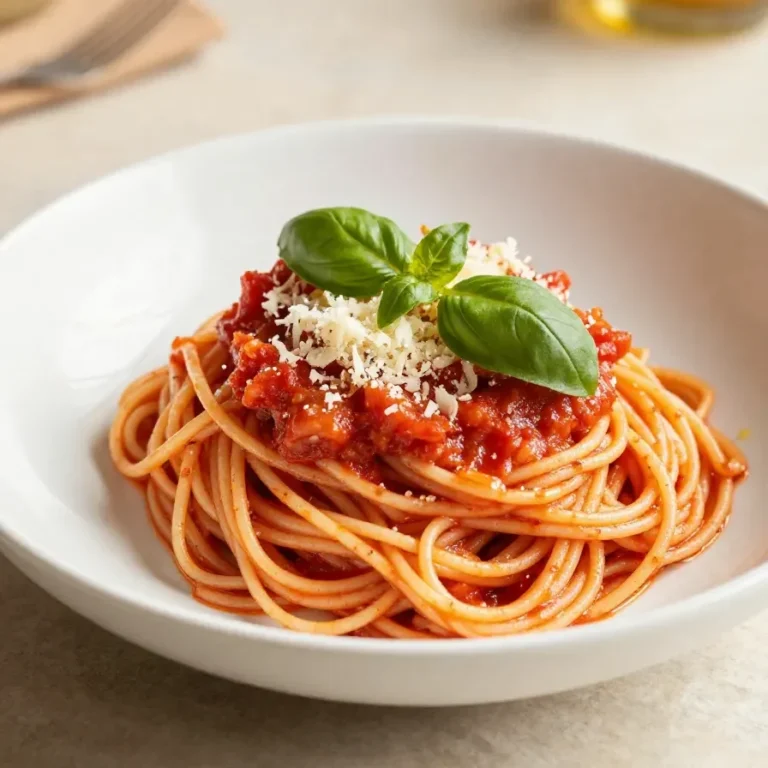 A bowl of authentic Italian tomato sauce for pasta made with ripe tomatoes, garlic, basil, and olive oil.