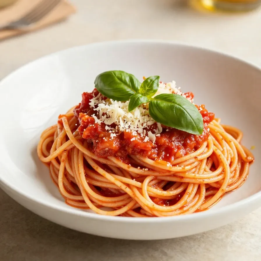 A bowl of authentic Italian tomato sauce for pasta made with ripe tomatoes, garlic, basil, and olive oil.