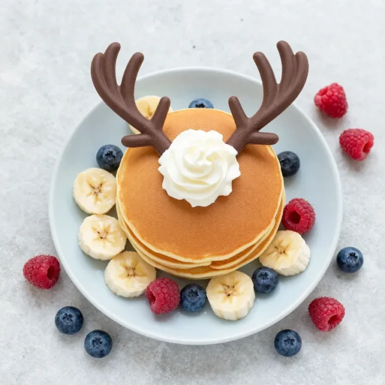 A playful reindeer pancake breakfast for kids decorated with banana slices, berries, and chocolate chips on a white plate.