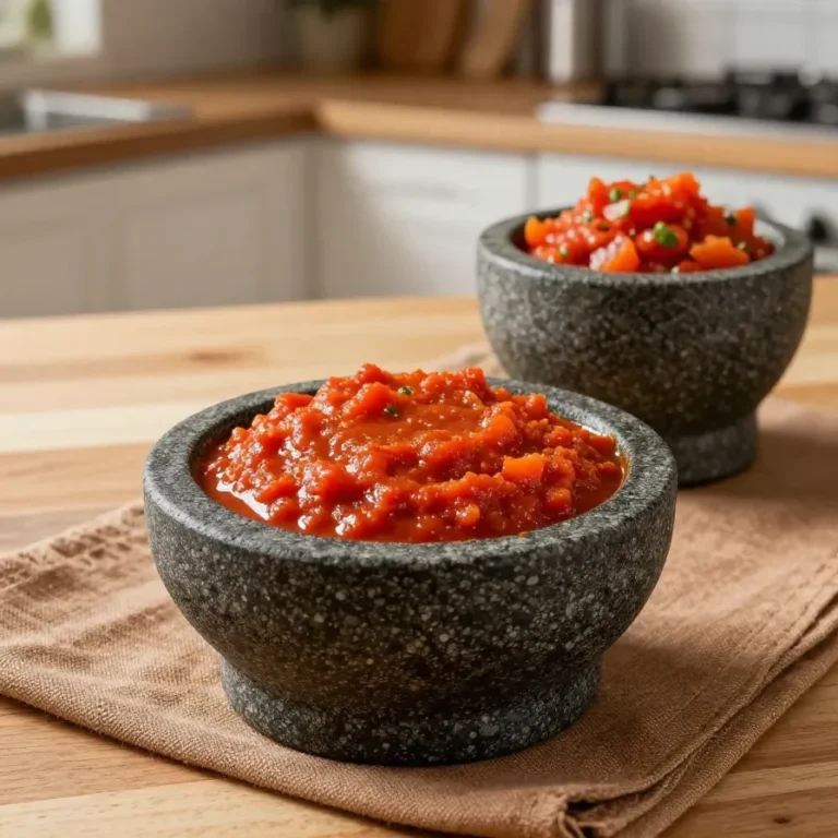 Traditional Mexican salsa served in a stone molcajete beside fresh ingredients in a rustic kitchen setting