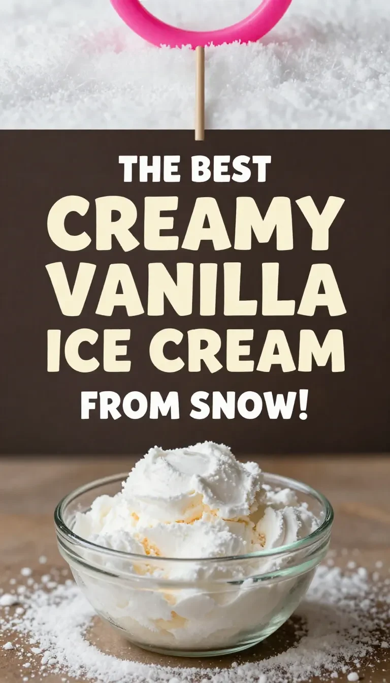 A child scooping fresh snow into a bowl to make homemade ice cream with syrup and a spoon nearby