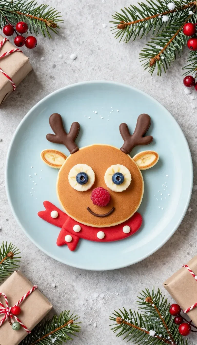 A playful reindeer pancake breakfast for kids decorated with banana slices, berries, and chocolate chips on a white plate.