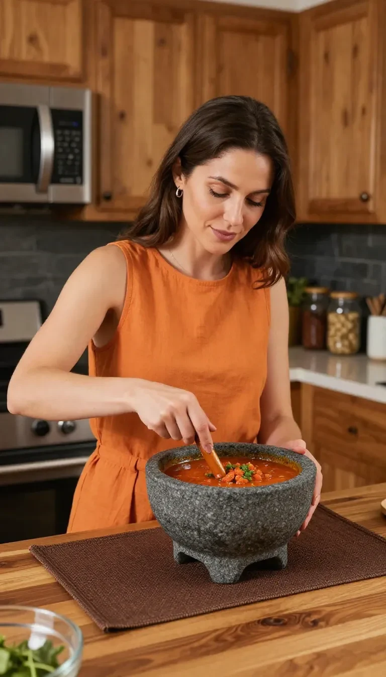 Traditional Mexican salsa served in a stone molcajete beside fresh ingredients in a rustic kitchen setting