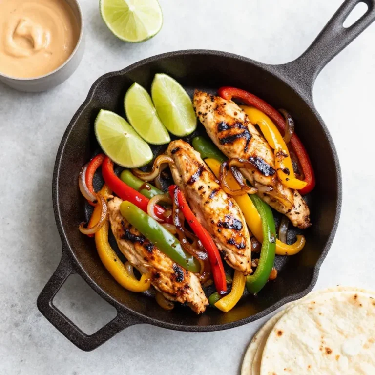 A skillet of easy chicken fajitas topped with fresh cilantro lime salsa, served with colorful bell peppers and onions