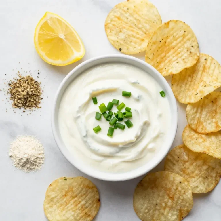 Creamy sour cream dip in a bowl served with tortilla chips and fresh vegetable sticks