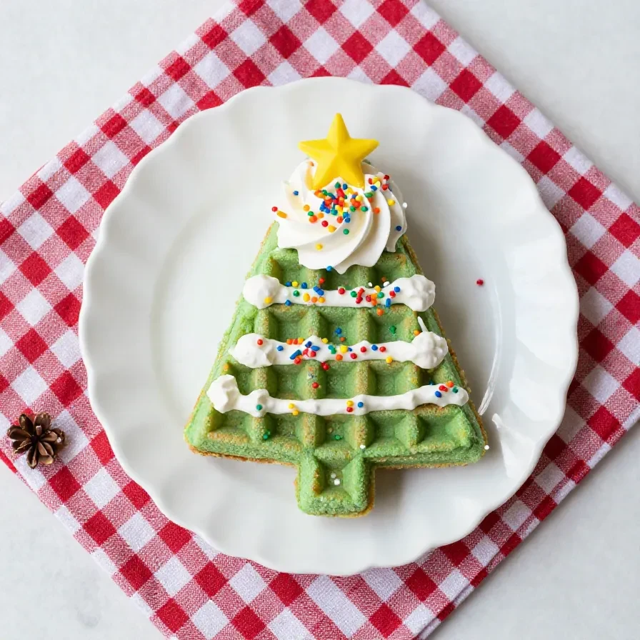 Stack of vegan Christmas tree waffles topped with fresh berries and powdered sugar, made with a chia egg substitute.