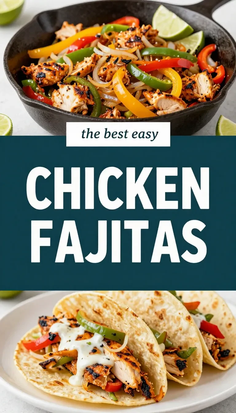 A skillet of easy chicken fajitas topped with fresh cilantro lime salsa, served with colorful bell peppers and onions
