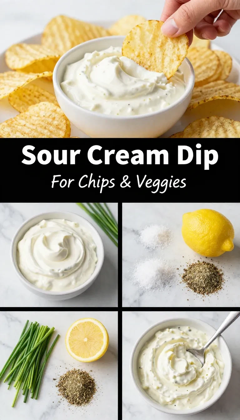 Creamy sour cream dip in a bowl served with tortilla chips and fresh vegetable sticks