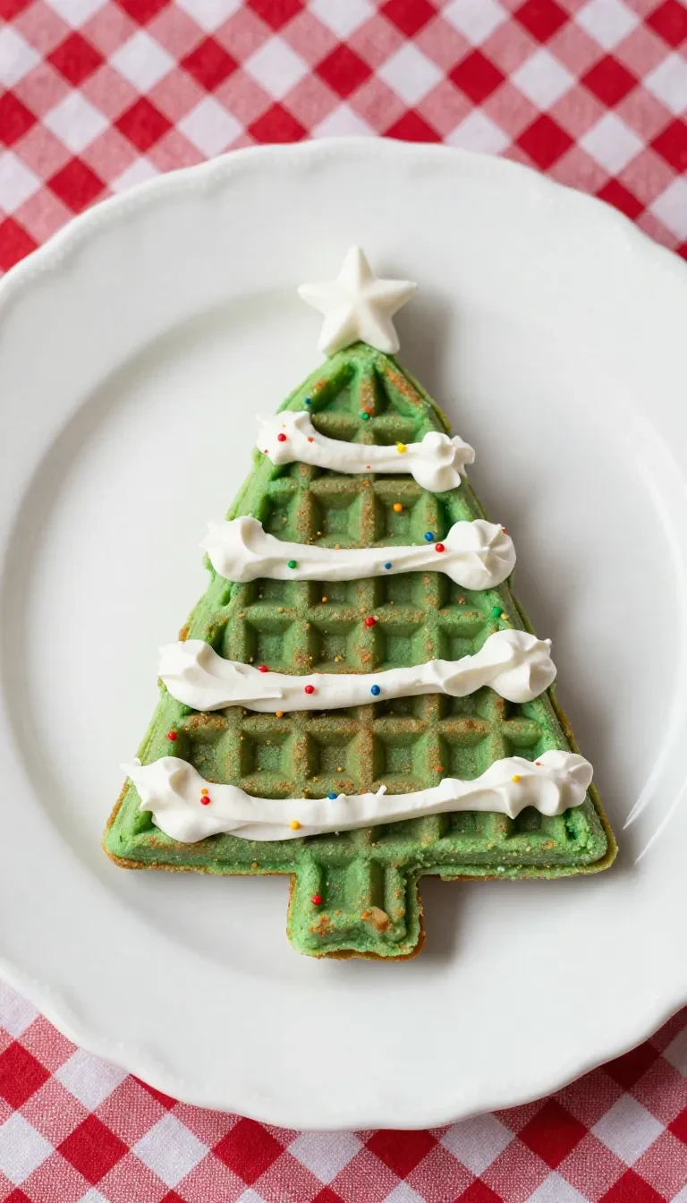 Stack of vegan Christmas tree waffles topped with fresh berries and powdered sugar, made with a chia egg substitute.