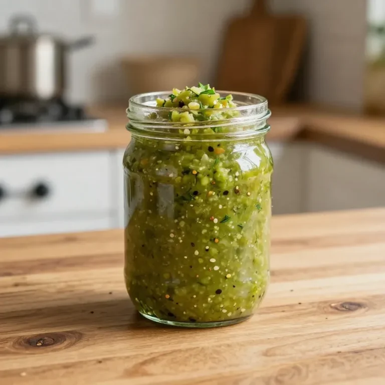 A bowl of green tomato salsa with chopped bell peppers, onions, cilantro, and lime on a rustic table.