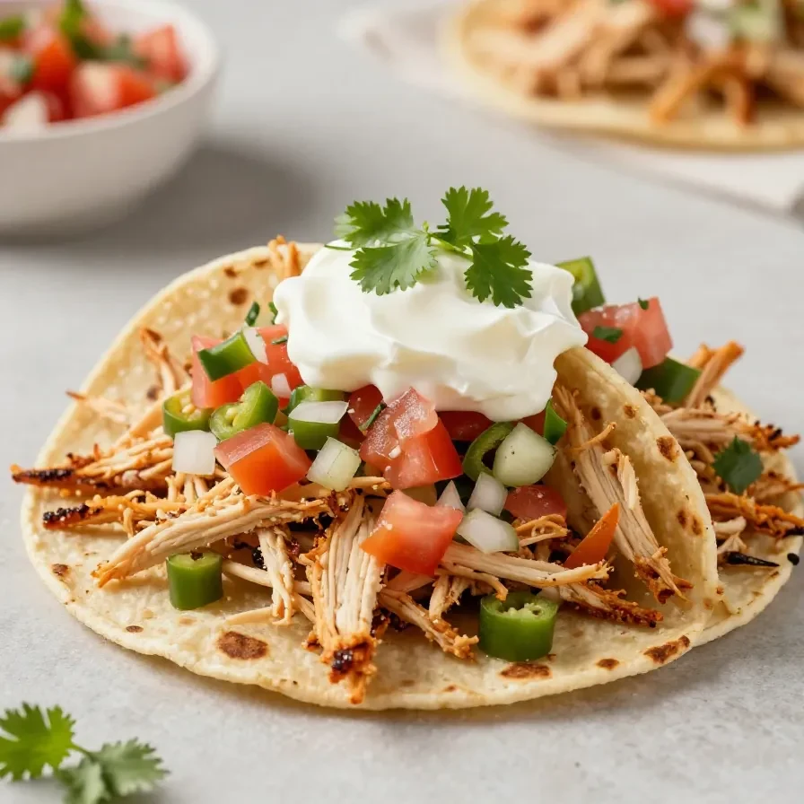 Three shredded chicken tacos topped with lettuce, tomatoes, cheese, and sour cream on a white plate.