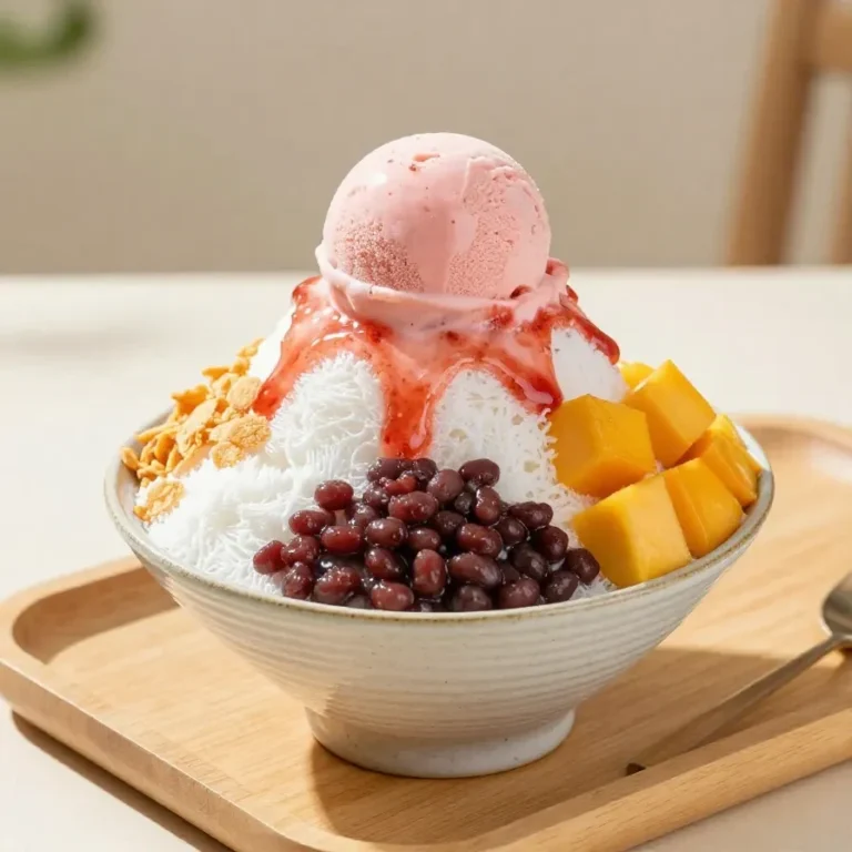 A bowl of Korean milk bingsu topped with strawberry slices, sweet red beans, and a scoop of ice cream on a wooden table.