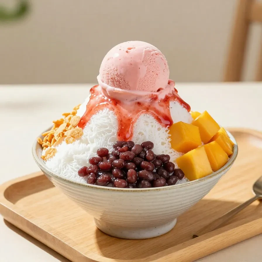 A bowl of Korean milk bingsu topped with strawberry slices, sweet red beans, and a scoop of ice cream on a wooden table.