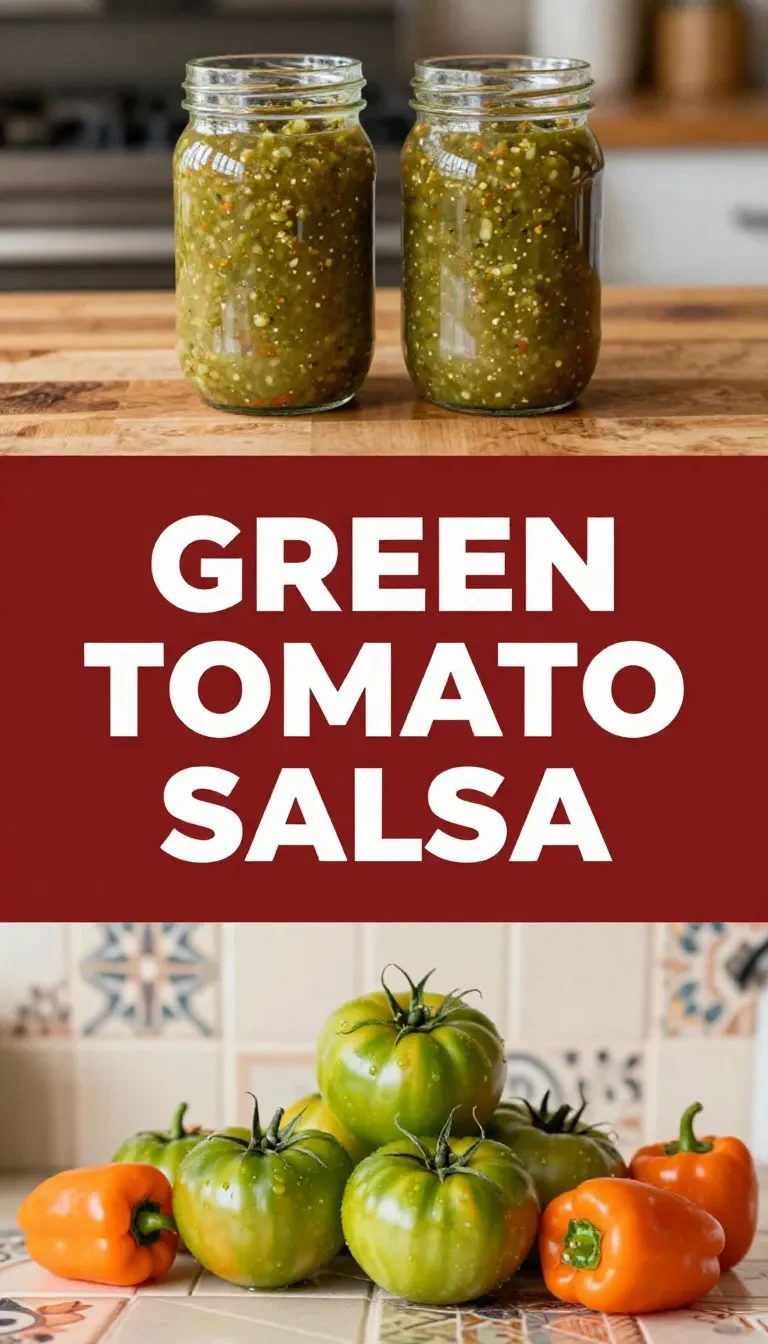 A bowl of green tomato salsa with chopped bell peppers, onions, cilantro, and lime on a rustic table.