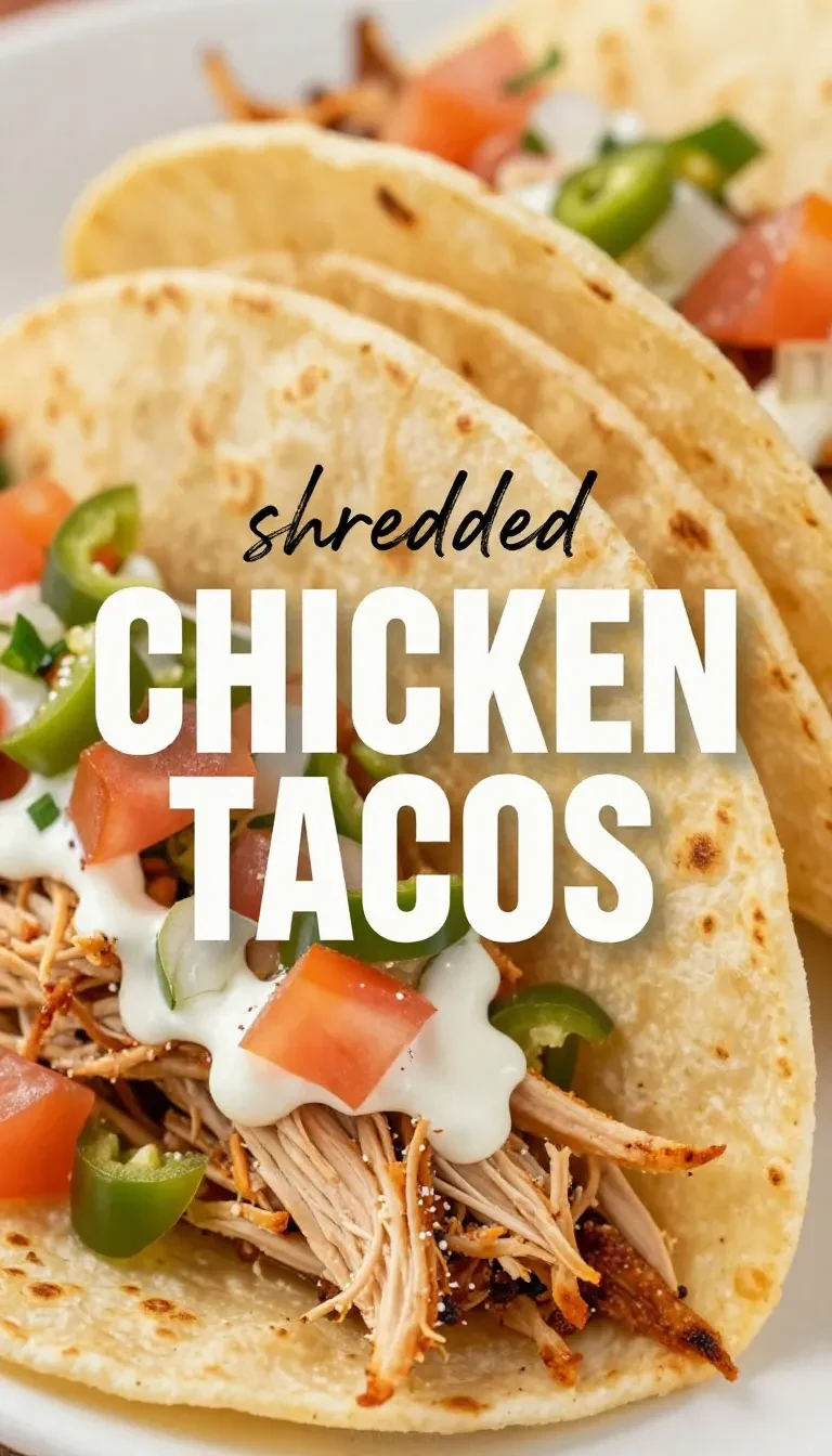 Three shredded chicken tacos topped with lettuce, tomatoes, cheese, and sour cream on a white plate.