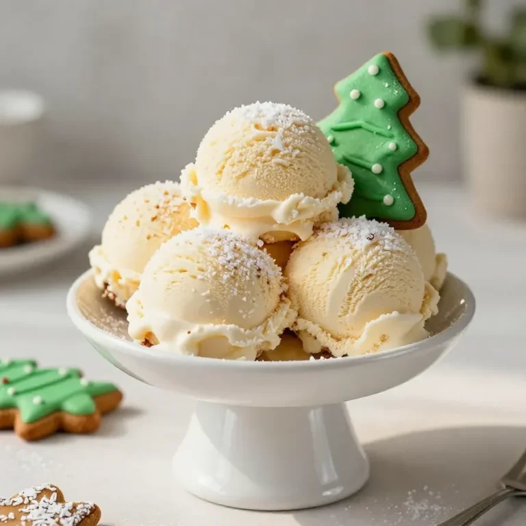 A festive ice cream sundae decorated like a snowy Christmas village with candy houses, powdered sugar snow, and holiday sprinkles