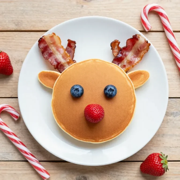 Stack of festive Christmas pancakes topped with strawberries, whipped cream, and powdered sugar shaped for kids