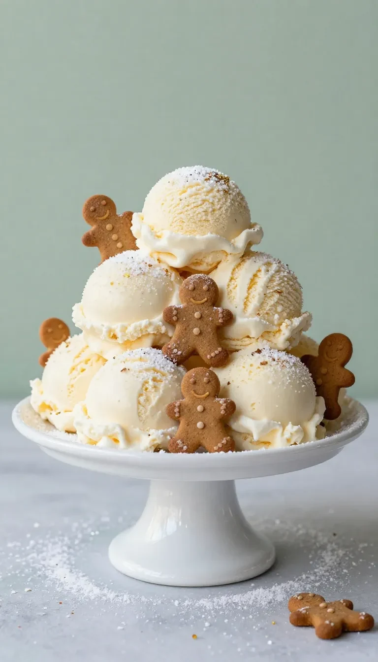A festive ice cream sundae decorated like a snowy Christmas village with candy houses, powdered sugar snow, and holiday sprinkles