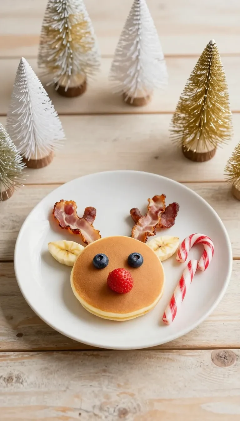 Stack of festive Christmas pancakes topped with strawberries, whipped cream, and powdered sugar shaped for kids