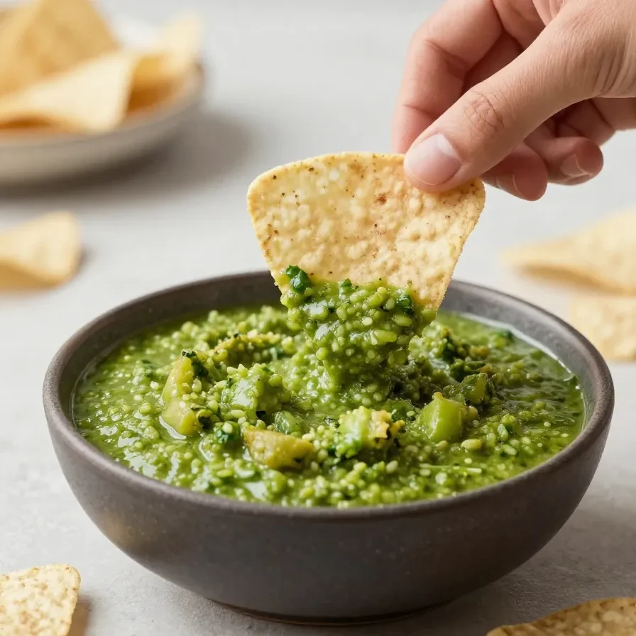 A bowl of fresh salsa verde made with tomatillos, jalapeños, cilantro, and lime served with tortilla chips