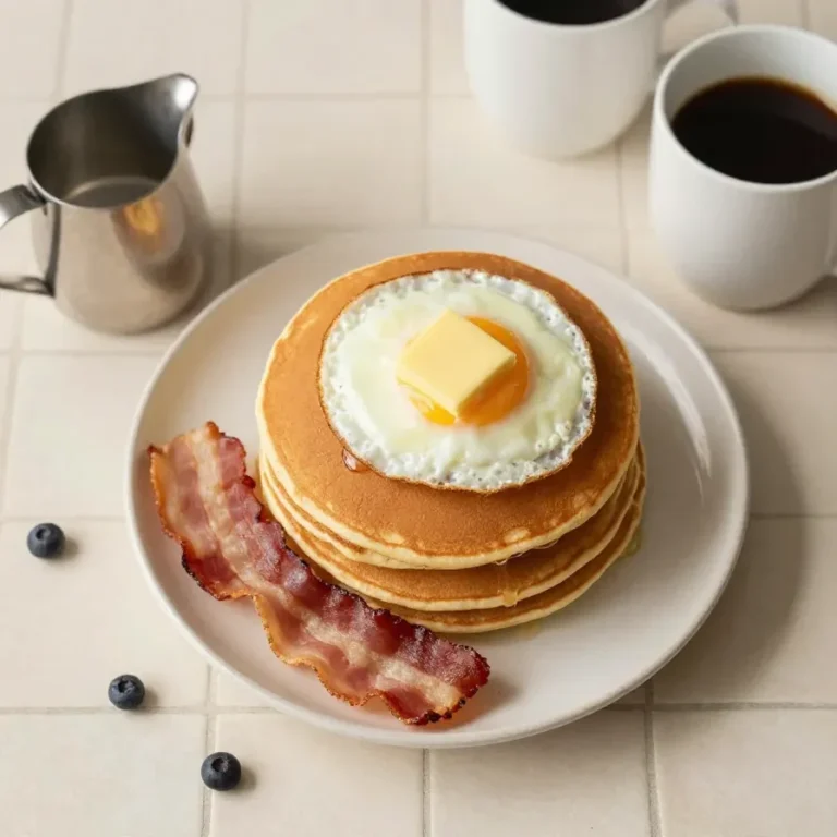 Stack of birthday pancakes topped with whipped cream, sprinkles, and a heart-shaped decoration