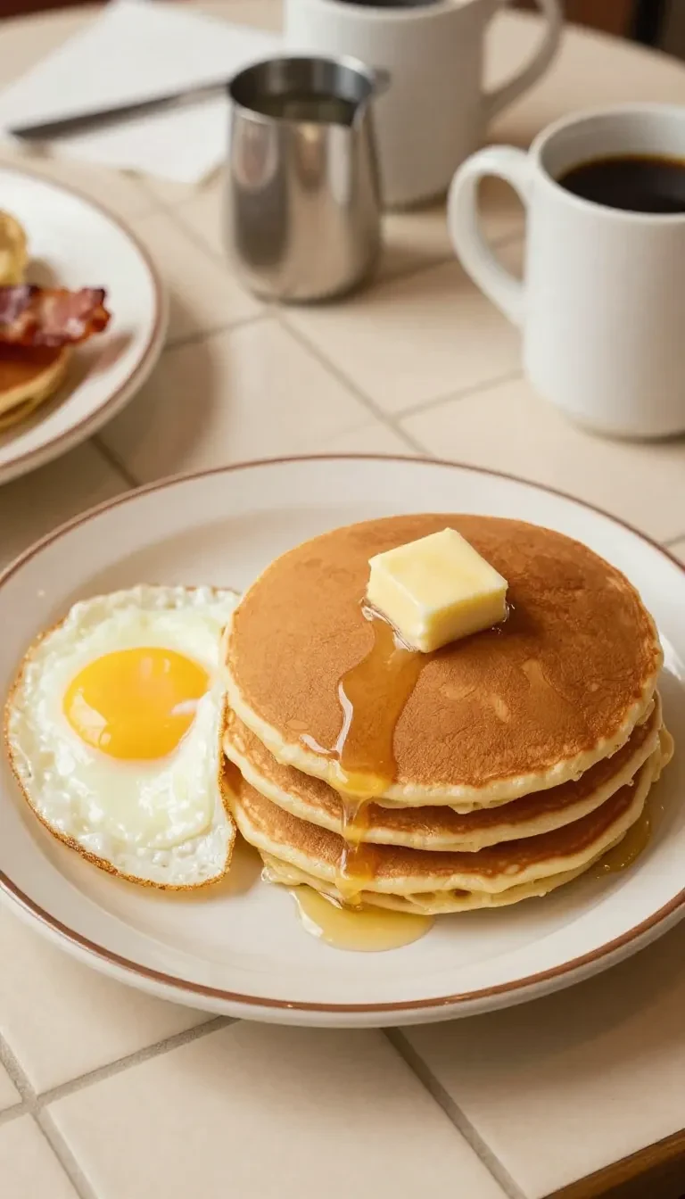 Stack of birthday pancakes topped with whipped cream, sprinkles, and a heart-shaped decoration