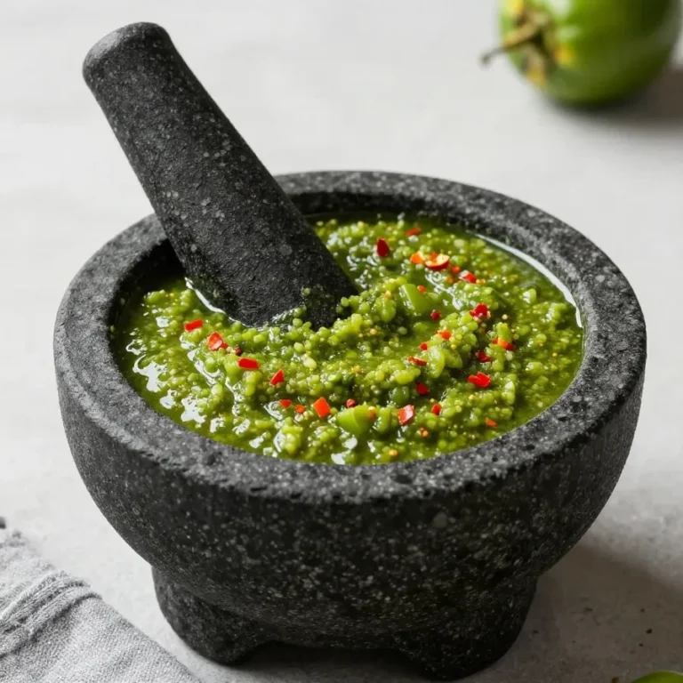 Fresh salsa verde de molcajete served in a traditional stone mortar with tomatillos, chiles, cilantro, and onion nearby