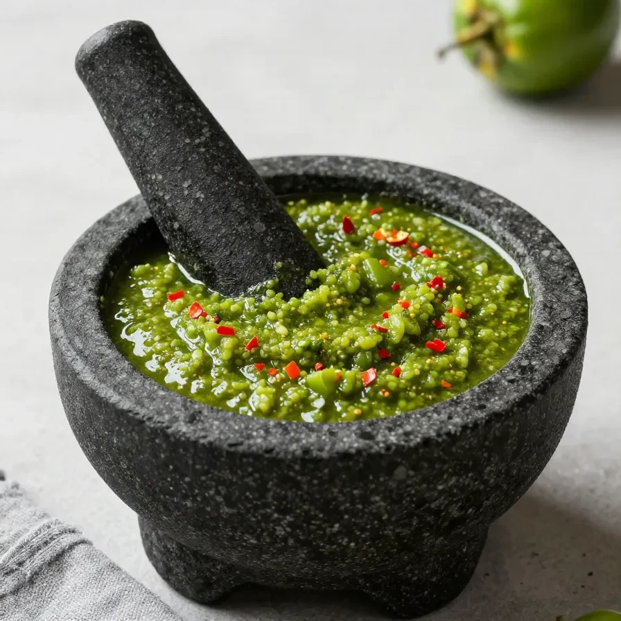 Fresh salsa verde de molcajete served in a traditional stone mortar with tomatillos, chiles, cilantro, and onion nearby