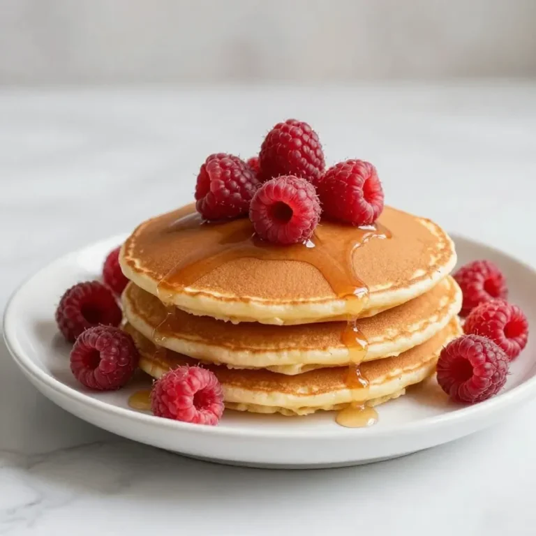 Stack of raspberry oatmeal pancakes topped with fresh raspberries and a light drizzle of syrup on a white plate