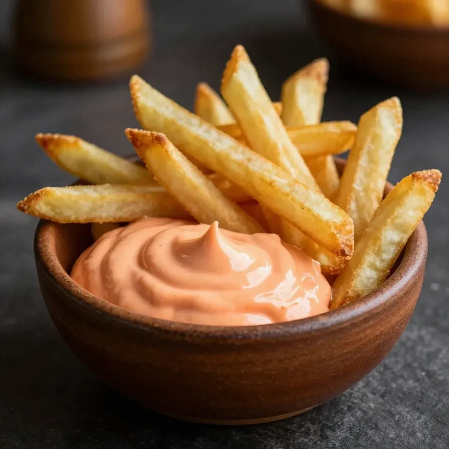 A bowl of creamy homemade Boom Boom sauce with a spoon beside it, showing a pink-orange dipping sauce for fries and appetizers.