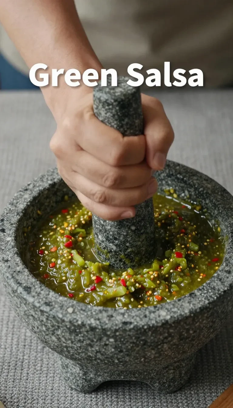 Fresh salsa verde de molcajete served in a traditional stone mortar with tomatillos, chiles, cilantro, and onion nearby