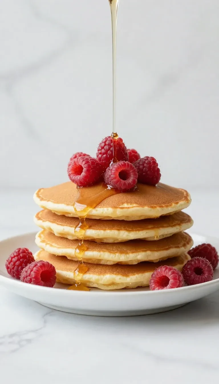 Stack of raspberry oatmeal pancakes topped with fresh raspberries and a light drizzle of syrup on a white plate