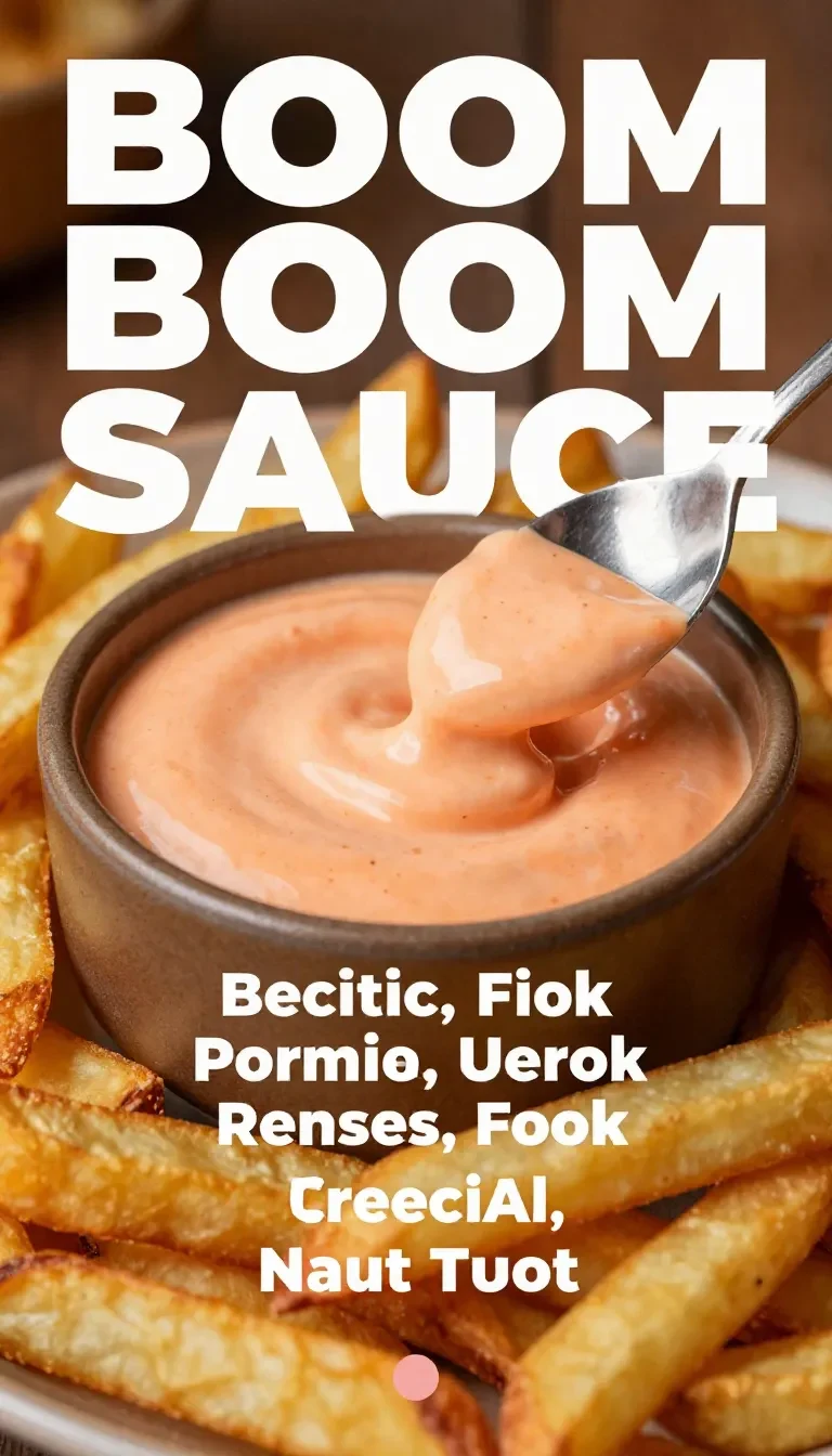A bowl of creamy homemade Boom Boom sauce with a spoon beside it, showing a pink-orange dipping sauce for fries and appetizers.