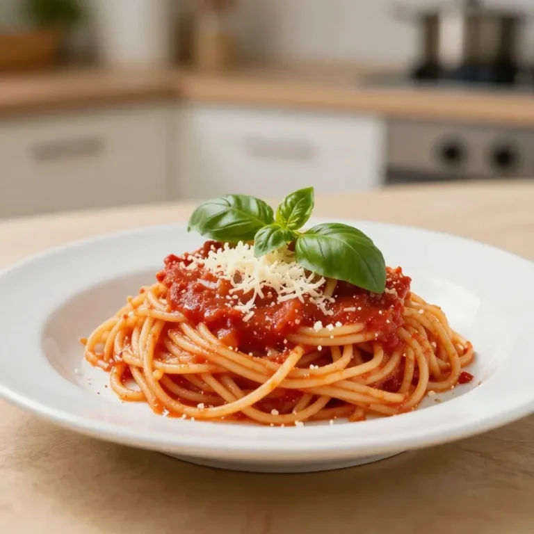 A bowl of authentic Italian tomato sauce for pasta with fresh basil leaves and a wooden spoon