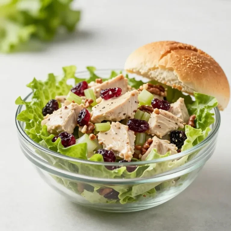 A bowl of cranberry pecan chicken salad with leafy greens, chopped chicken, dried cranberries, pecans, and a creamy dressing.