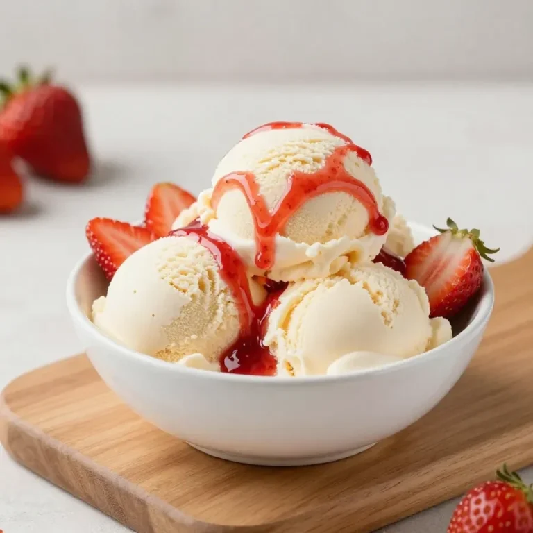 A bowl of strawberry bingsu topped with fresh strawberry slices, sweet red syrup, and shaved ice.