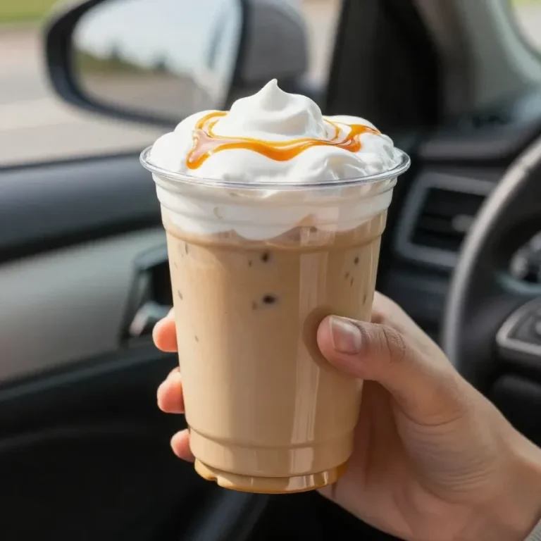 A homemade Starbucks copycat caramel Frappuccino in a clear glass topped with whipped cream and caramel drizzle.