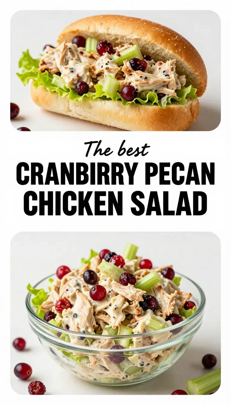 A bowl of cranberry pecan chicken salad with leafy greens, chopped chicken, dried cranberries, pecans, and a creamy dressing.